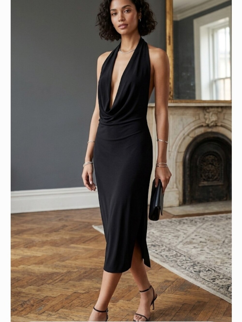 Vtg Backless Black Halter Cowl  Dress Size L